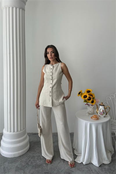 KETEN YELEK - PANTOLON TAKIM - Taş