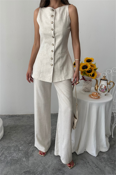 KETEN YELEK - PANTOLON TAKIM - Taş