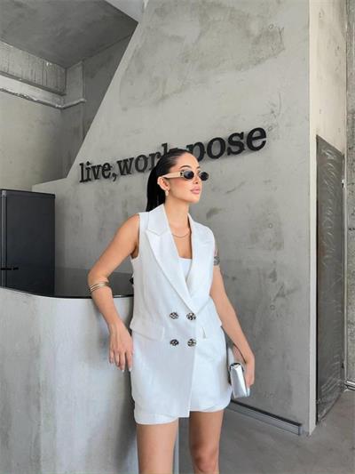 KETEN YELEK - ŞORT TAKIM - Beyaz