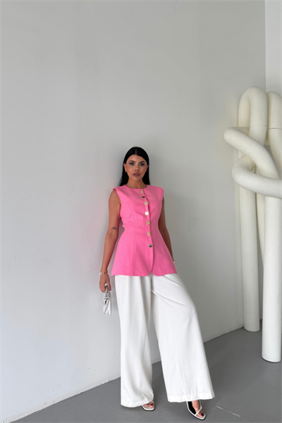 KETEN YELEK BELDEN OTURTMALISIRALI DÜĞME DETAYLI - Pembe