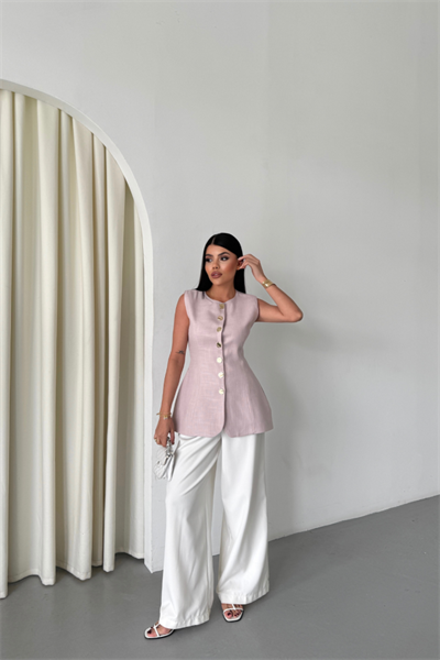 KETEN YELEK BELDEN OTURTMALISIRALI DÜĞME DETAYLI - Lila