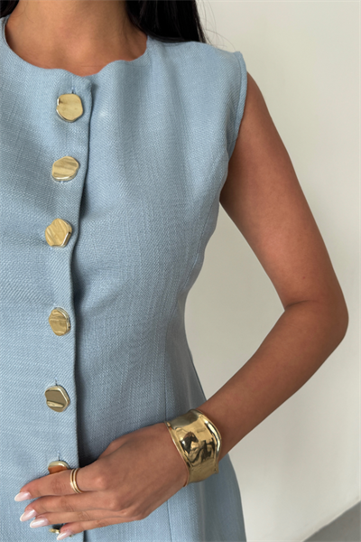 KETEN YELEK BELDEN OTURTMALI  SIRALI DÜĞME DETAYLI - Mavi