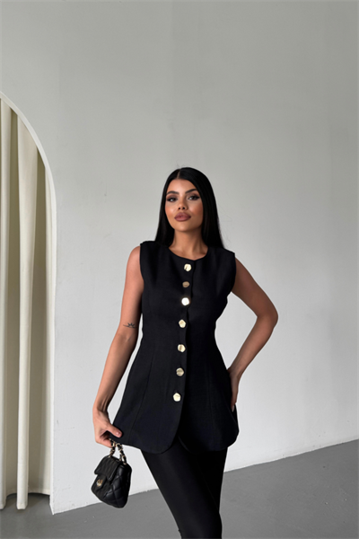 KETEN YELEK BELDEN OTURTMALI  SIRALI DÜĞME DETAYLI - Siyah