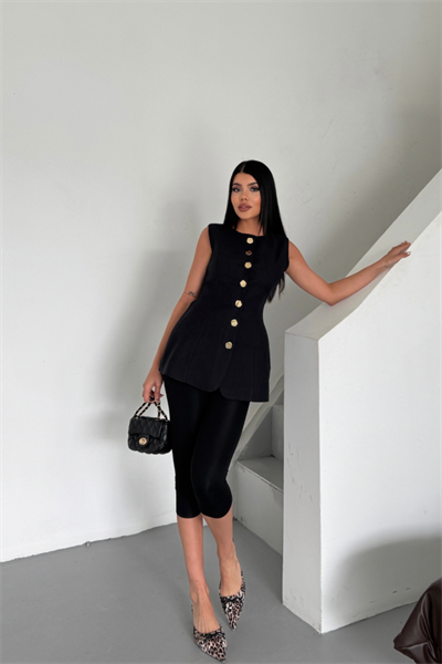 KETEN YELEK BELDEN OTURTMALI  SIRALI DÜĞME DETAYLI - Siyah