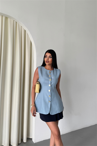 KETEN YELEK BELDEN OTURTMALI  SIRALI DÜĞME DETAYLI - Mavi