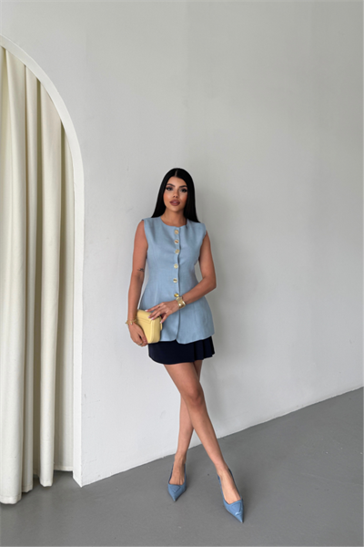 KETEN YELEK BELDEN OTURTMALI  SIRALI DÜĞME DETAYLI - Mavi