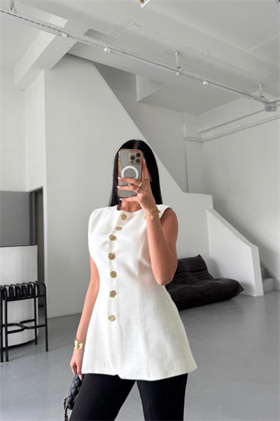 KETEN YELEK BELDEN OTURTMALISIRALI DÜĞME DETAYLI - Beyaz