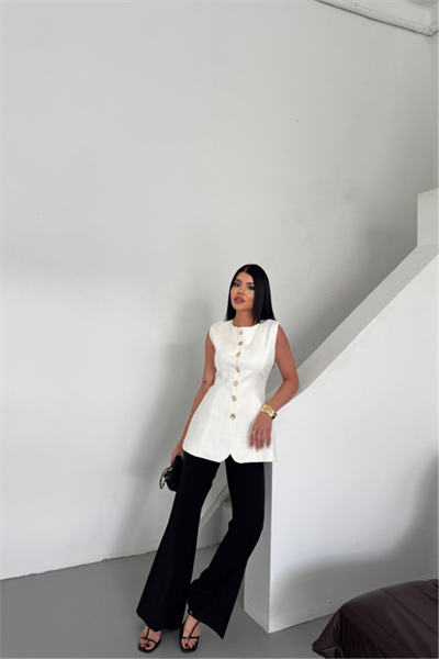 KETEN YELEK BELDEN OTURTMALISIRALI DÜĞME DETAYLI - Beyaz