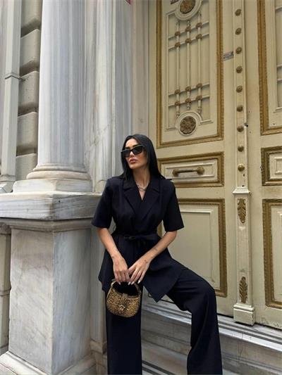 KISA KOL BAĞLAMA DETAYLI CEKET-PANTOLON TAKIM - Siyah