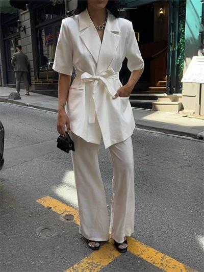 KISA KOL BAĞLAMA DETAYLI CEKET-PANTOLON TAKIM - Beyaz