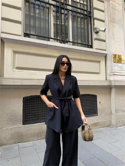 KISA KOL BAĞLAMA DETAYLI CEKET-PANTOLON TAKIM - Siyah