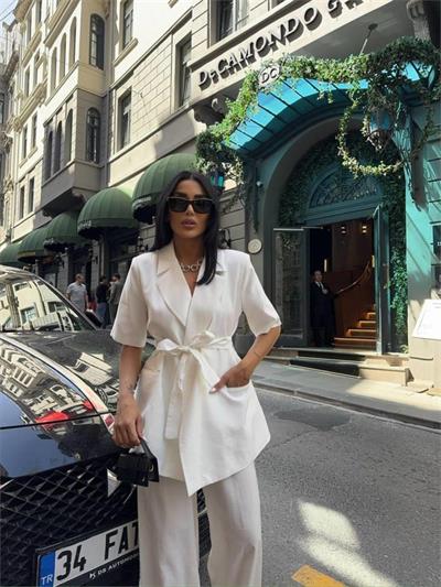 KISA KOL BAĞLAMA DETAYLI CEKET-PANTOLON TAKIM - Beyaz