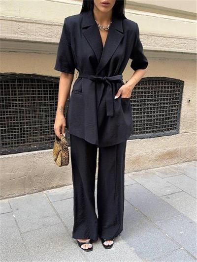 KISA KOL BAĞLAMA DETAYLI CEKET-PANTOLON TAKIM - Siyah