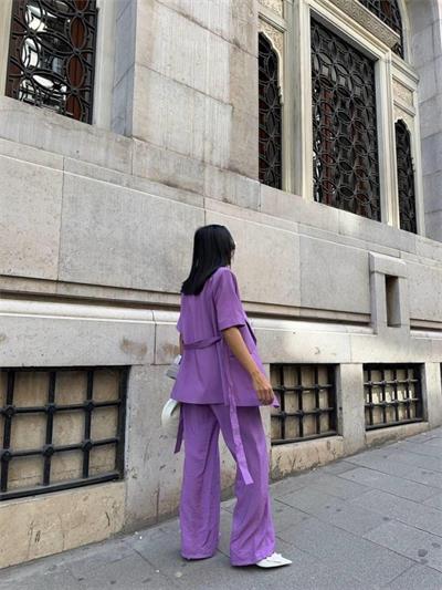 KISA KOL BAĞLAMA DETAYLI CEKET-PANTOLON TAKIM - Mor