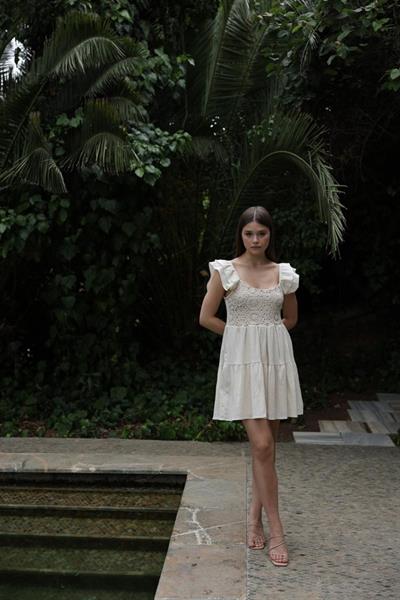 KISA KOPANAKİ DETAYLI ELBİSE - Ekru