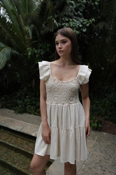 KISA KOPANAKİ DETAYLI ELBİSE - Ekru