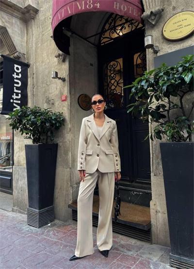 KOL 4 DÜĞME -  BÜSTİYERLİ 3 CEKET PANTOLON TAKIM - Bej