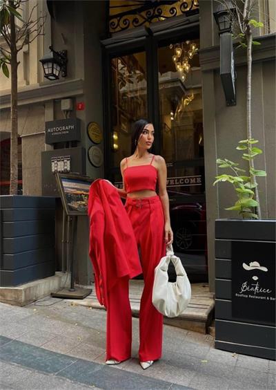 KOL 4 DÜĞME -  BÜSTİYERLİ 3 CEKET PANTOLON TAKIM - Nar