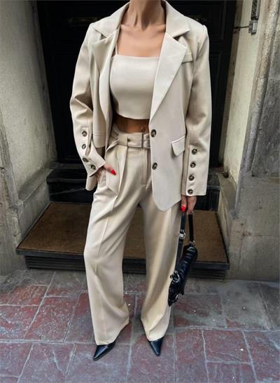 KOL 4 DÜĞME -  BÜSTİYERLİ 3 CEKET PANTOLON TAKIM - Bej