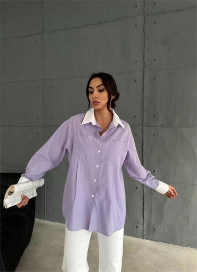 KOL VE MANŞET BEYAZ KAPALI PİLE DETAYLI GÖMLEK - Lila
