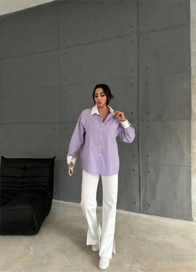 KOL VE MANŞET BEYAZ KAPALI PİLE DETAYLI GÖMLEK - Lila