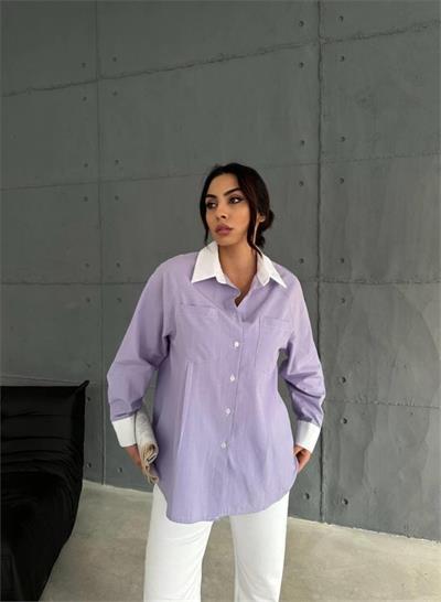 KOL VE MANŞET BEYAZ KAPALI PİLE DETAYLI GÖMLEK - Lila