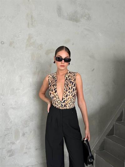 KOLSUZ LEOPAR DESEN BODYSUİT SANDY BASKILI - Leopar