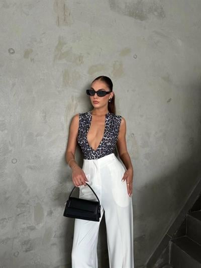 KOLSUZ ZEBRA DESEN BODYSUİT SANDY BASKILI - Bej