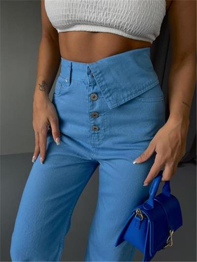 KOT PANTOLON BEL DETAYLI DÜĞMELİ - Mavi