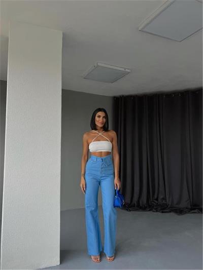 KOT PANTOLON BEL DETAYLI DÜĞMELİ - Mavi