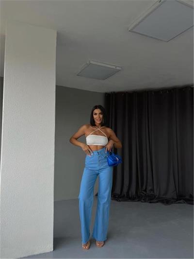 KOT PANTOLON BEL DETAYLI DÜĞMELİ - Mavi