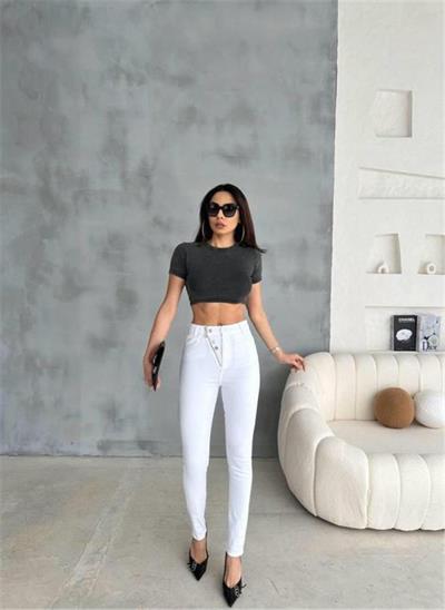 KOT PANTOLON DÜĞME VE FERMUAR TASARIMLI - Beyaz