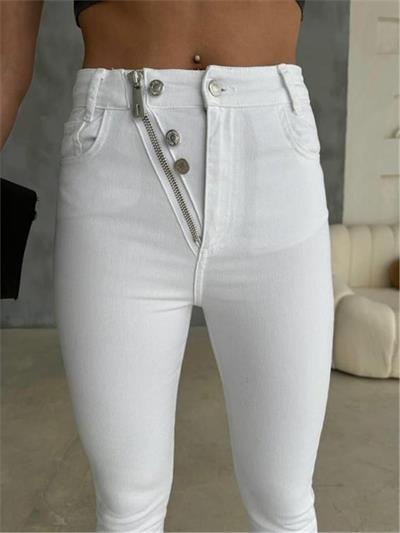 KOT PANTOLON DÜĞME VE FERMUAR TASARIMLI - Beyaz