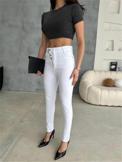 KOT PANTOLON DÜĞME VE FERMUAR TASARIMLI - Beyaz