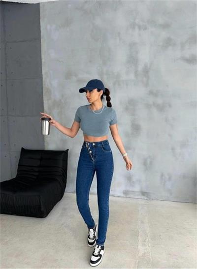 KOT PANTOLON DÜĞME VE FERMUAR TASARIMLI - Mavi