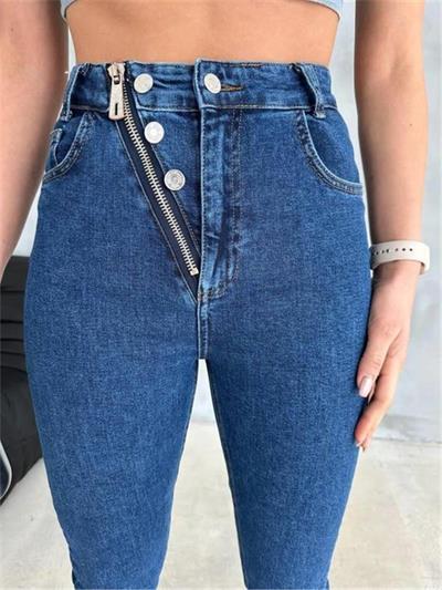 KOT PANTOLON DÜĞME VE FERMUAR TASARIMLI - Mavi