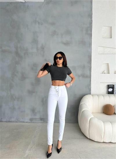 KOT PANTOLON DÜĞME VE FERMUAR TASARIMLI - Beyaz