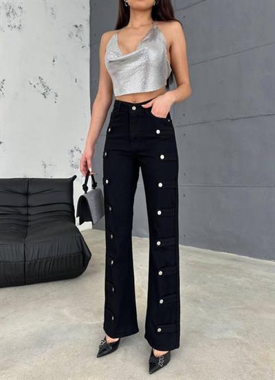 KOT PANTOLON YANLARI DÜĞME DETAYLI - Siyah