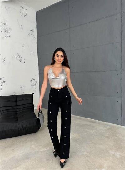 KOT PANTOLON YANLARI DÜĞME DETAYLI - Siyah