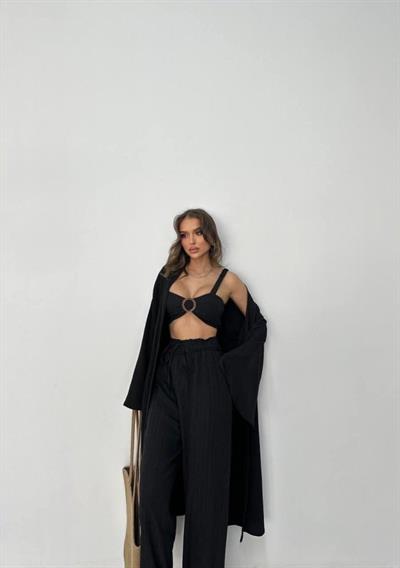 KRINKIL BÜSTİYER-PANTOLON-KİMONO TAKIM - Siyah