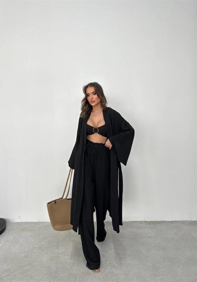 KRINKIL BÜSTİYER-PANTOLON-KİMONO TAKIM - Siyah