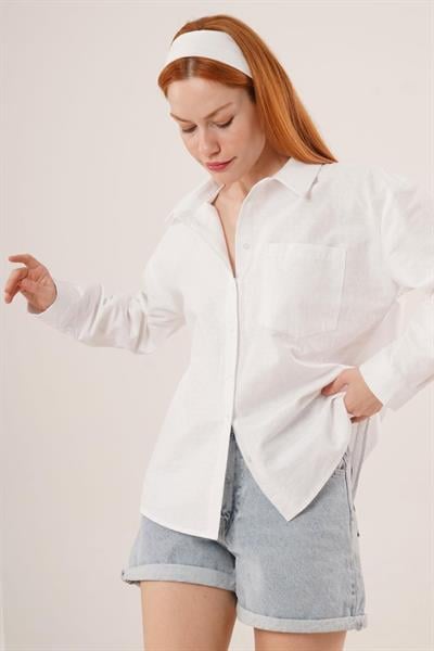 Kabartma Desenli Tek Cepli Düğmeli Beyaz Gömlek