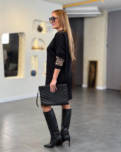 Kadı Uzun Kollu Leopar Detay Mini Elbise