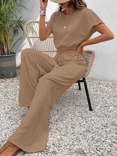 Kadın Aerobin Kumaş Bel Lastik Detaylı Pantolonlu Takım