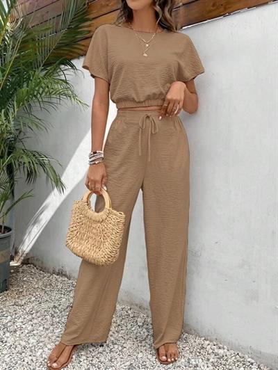 Kadın Aerobin Kumaş Bel Lastik Detaylı Pantolonlu Takım