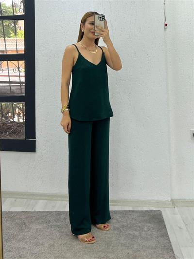 Kadın Aerobin Kumaş Bol Paça Pantolon Ve Askılı Bluz Ikili Takım