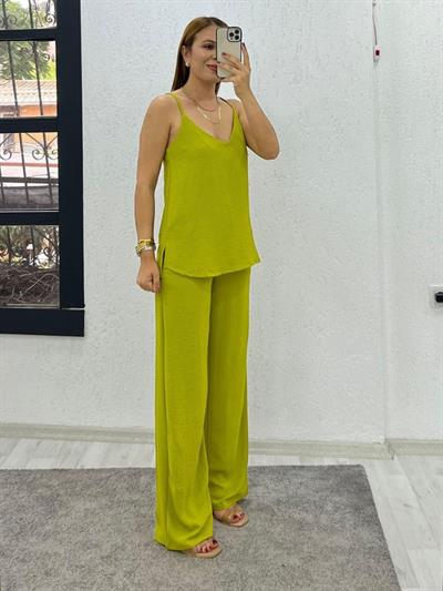 Kadın Aerobin Kumaş Bol Paça Pantolon Ve Askılı Bluz Ikili Takım