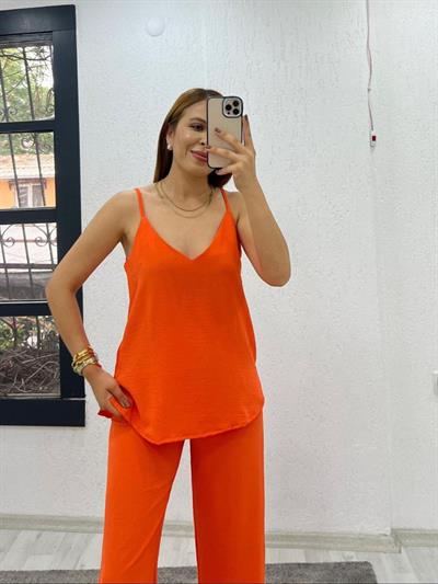 Kadın Aerobin Kumaş Bol Paça Pantolon Ve Askılı Bluz Ikili Takım