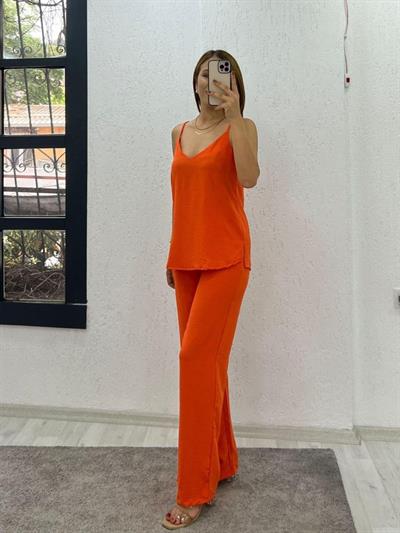 Kadın Aerobin Kumaş Bol Paça Pantolon Ve Askılı Bluz Ikili Takım