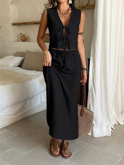 Kadın Aerobin Kumaş Eteği Yırtmaçlı ön Bağlama Detaylı Takım